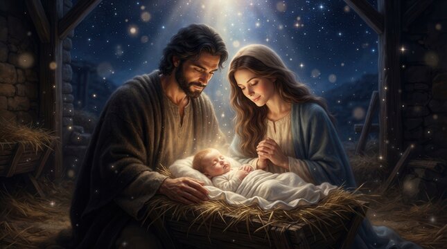 Saint Mary and Joseph gazing lovingly at the newborn baby Jesus Christ in a nativity setting.