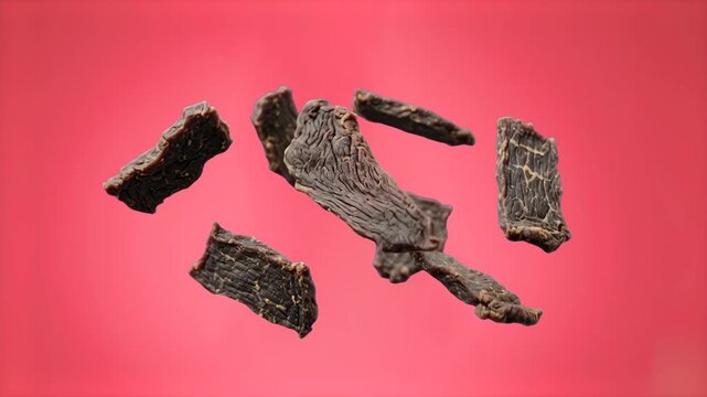 A dynamic 3D render of dried beef jerky strips and meat bites falling and floating in mid-air against a solid pink studio background. Ideal for snack food advertising, meat jerky packaging, high-prote