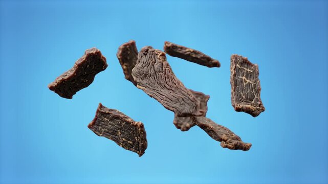 Multiple cuts of cured and dried beef jerky strips scattering mid-air against a vibrant solid blue background. Great for snack brand advertisements, digital menus, and fitness nutrition content.