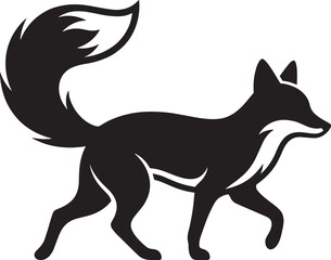 Obraz premium Black and white illustration of a fox walking with a raised bushy tail, minimal wildlife animal vector graphic.