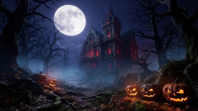 Dark spooky night forest with a haunted house and glowing pumpkins for Halloween.