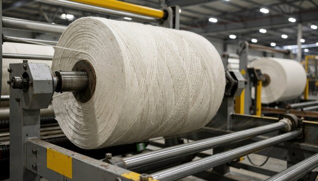 Medium shot capturing jumbo spool production with thick agricultural baler twine wound neatly highlighting heavyduty equipment in an industrial setting.