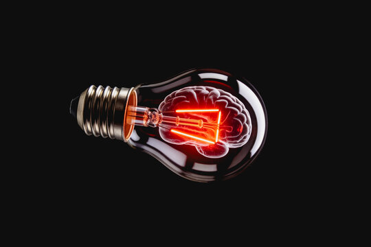 A classic light bulb contains a glowing brain-shaped filament, symbolizing creative thinking and innovative ideas against a dark backdrop.