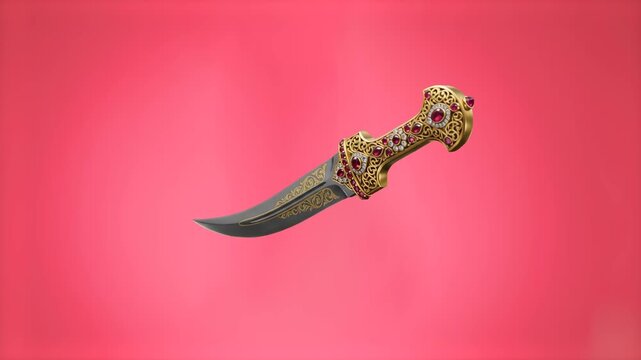 A traditional ceremonial Middle Eastern jambiya dagger with a decorated golden handle suspended against a soft pink backdrop. Perfect for cultural videos, fantasy storytelling overlays, and product an