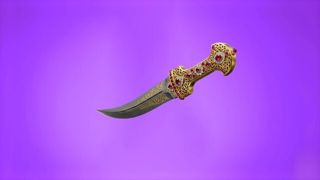 An ancient ceremonial Arabic jambiya dagger featuring an ornate gold hilt inlaid with red gems floating in mid-air. This detailed 3D render is ideal for historical documentaries, gaming assets, or cul