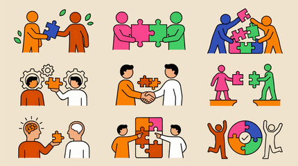 Fototapeta premium Flat Vector Icon Sheet of Abstract Figures Exchanging Puzzle Pieces, Collaborating and Building Solutions, Teamwork and Problem Solving Concepts