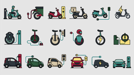 Flat Vector Icons of Electric Vehicles Charging: Scooters, Unicycles, and Cars, Diverse Designs and Colors, Clean Graphic Resource Set © Waskito