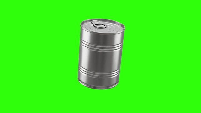 A clean, realistic 3D render of a sealed metal tin can isolated against a vibrant green screen background. This asset is ideal for food packaging mockups, commercial grocery advertisements, and kitche