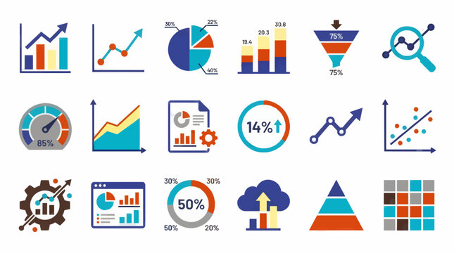 Flat Vector Icon Sheet of 18 Business and Data Analytics Graphics, Including Charts, Graphs, and Infographic Elements with Copy Space
