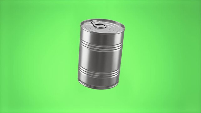A blank silver aluminum tin can isolated on a green chroma key background. Designed as a high-quality post-production template for displaying canned goods and packaging designs.