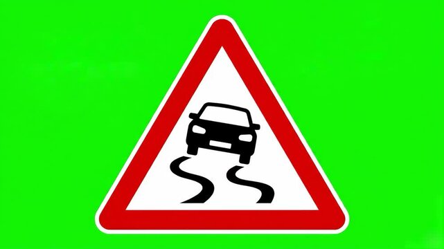 A standard triangular road sign depicting a car losing traction, warning of slippery road conditions, isolated on a green screen. This asset is essential for road safety tutorials and driving educatio