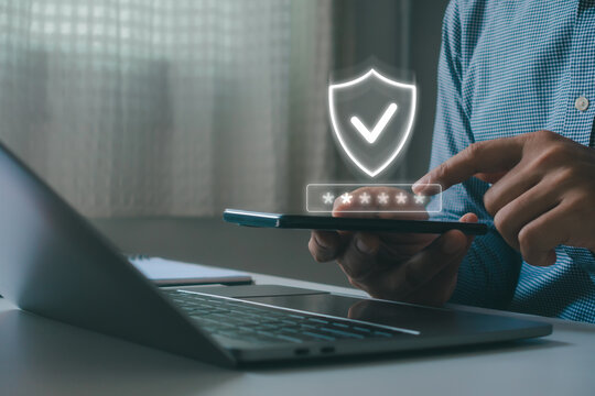 User entering password on smartphone with shield icon and secure login interface, representing OTP verification, MFA authentication, cyber security, identity protection, encrypted mobile access. 2FA.