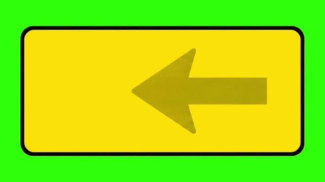 A horizontal yellow rectangular sign featuring a large arrow pointing to the left, isolated against a green screen background. This graphic is versatile for indicating routes, detours, or general dire