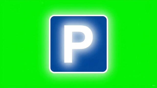 A square blue sign featuring a white letter "P," indicating a parking zone, set against a green screen background. This clean icon is suitable for parking lot navigation, wayfinding systems, and trans