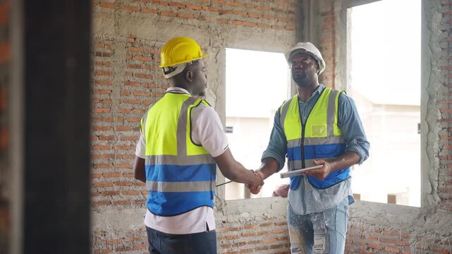 Construction worker and site supervisor engineer inspecting interior building structure residential housing during architectural construction management site supervision and real estate development
