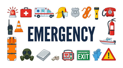 Fototapeta premium Emergency Response Equipment Icons Border with Medical Rescue Fire Safety and Urgent Help Tools and Signs