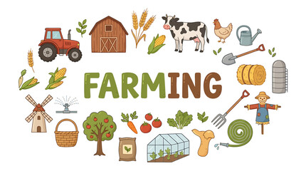 Fototapeta premium Farming and agriculture element set with tractor barn cow scarecrow wheat greenhouse windmill garden tools isolated on white