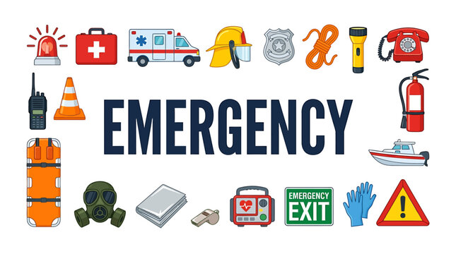 Emergency Response Equipment Icons Border with Medical Rescue Fire Safety and Urgent Help Tools and Signs