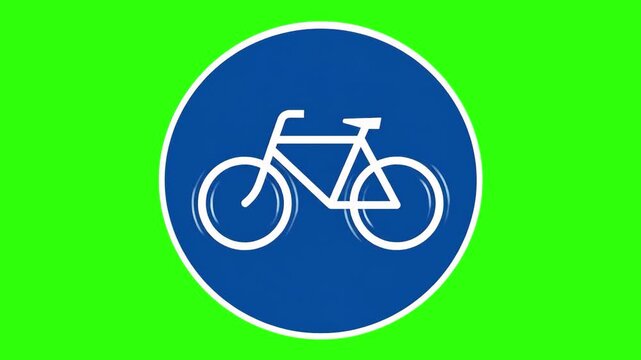 A circular blue regulatory sign featuring a white bicycle icon, isolated on a green screen background. This asset is perfect for cycling infrastructure projects, urban transport planning, and road saf