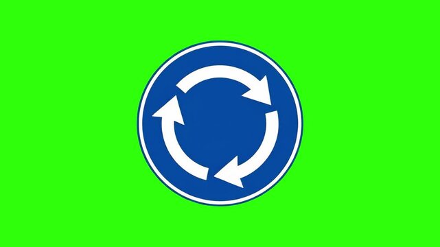 A circular blue traffic sign featuring white directional arrows indicating a roundabout, set against a green screen background. This graphic is perfect for driving lessons, urban planning presentation
