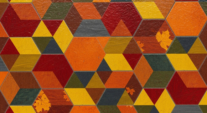 A vibrantly colored geometric pattern featuring interlocking hexagonal and rhomboid shapes in warm autumn hues of orange, red, yellow, and brown, interspersed with subtle representations