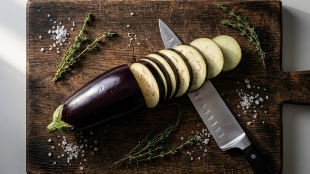 Food - Sliced Eggplant on Rustic Wooden Cutting Board with Chef Knife Fresh Thyme and Coarse Sea Salt
