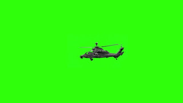 A detailed model of a military attack helicopter in flight, isolated against a solid green screen background. This asset is perfect for action scenes, war documentaries, and aviation-themed motion gra