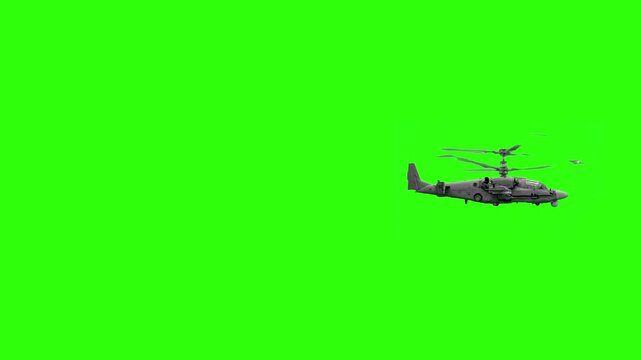 Realistic military cargo or transport helicopter flying into frame over a chroma key green background. Ideal for war action movies, military operation scenes, aviation documentaries, air rescue footag