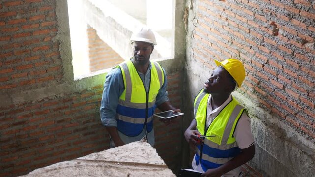 Construction worker and site supervisor engineer inspecting interior building structure residential housing during architectural construction management site supervision and real estate development