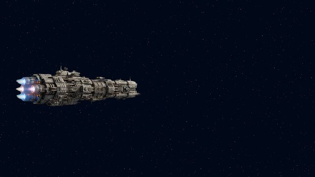 A massive, industrial-style sci-fi cruiser or cargo starship traveling from left to right across a starry dark background. The cinematic 3D render is designed for science fiction storytelling and spac