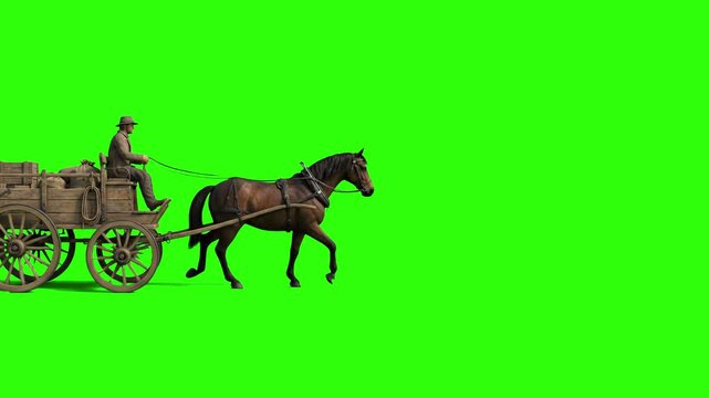A side view of a brown horse harnessed to a carriage trotting at a steady pace. This 3D animated sequence is set against a solid green screen for easy integration into historical or fantasy scenes.