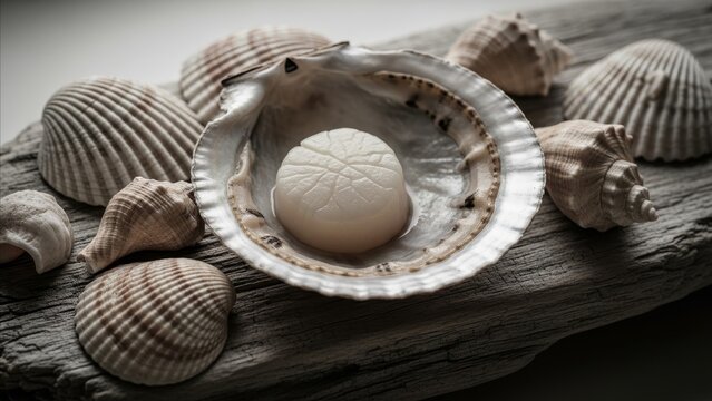 Coastal Nature - White Sand Dollar Soap Resting in Open Oyster Shell Surrounded by Seashells on Driftwood