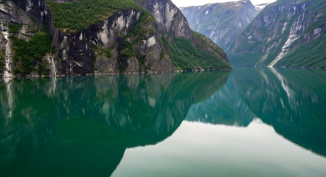 Majestic Norway Fjord Landscape With Beautiful Mountain Reflection On Green Calm Water Surface