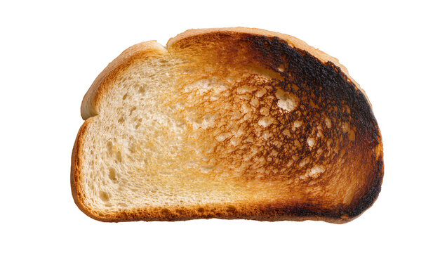 Isolated single slice of golden brown toasted white bread with a noticeably burnt dark corner