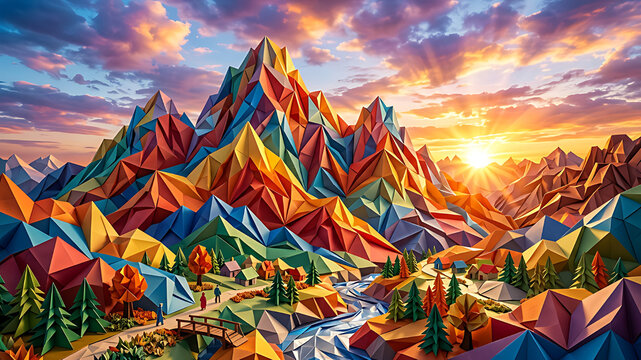 Vibrant geometric mountain range illuminated by a stunning sunset, featuring a winding river, colorful trees, and a charming bridge in a unique low-poly art style