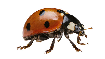 Isolated vibrant orange-red ladybug beetle with glossy black spots, detailed macro view © Vincent