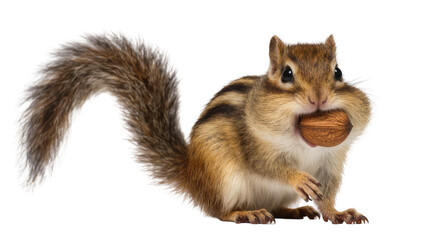Isolated furry chipmunk with full cheeks storing a walnut, preparing for the winter season © Vincent