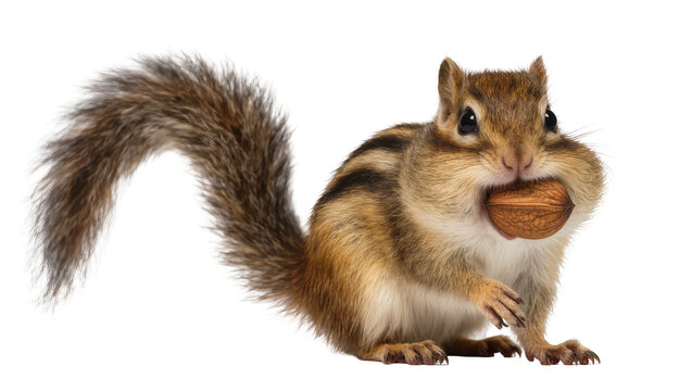Isolated furry chipmunk with full cheeks storing a walnut, preparing for the winter season