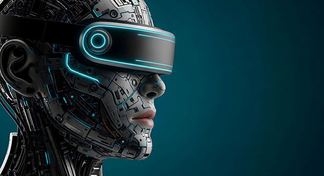 Futuristic robot head wearing glowing neon virtual reality visor looking ahead on dark blue background