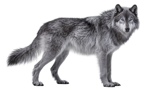 Isolated beautiful gray wolf with piercing blue eyes, majestic predator, standing