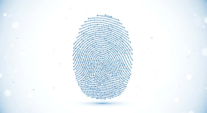 Black digital fingerprint icon with small blue dot markers for security and biometric identification