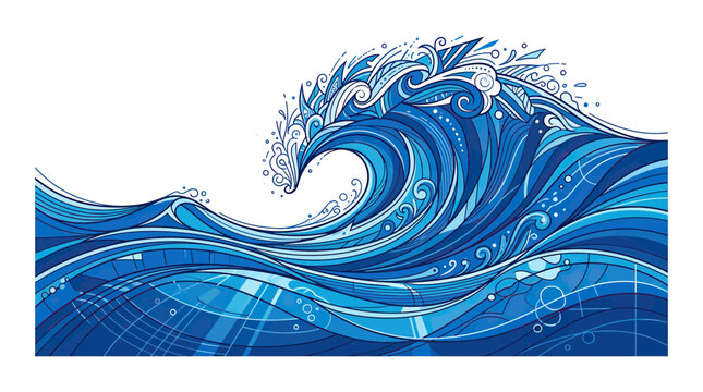 Abstract Blue Ocean Wave Illustration with Intricate Patterns