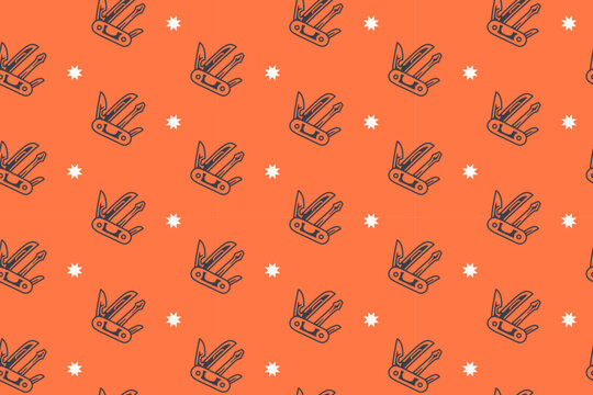 Folding multitool with stars seamless pattern on orange background. Utility pocket penknife vintage repeating pattern. Portable multitool illustration retro repeat motif
