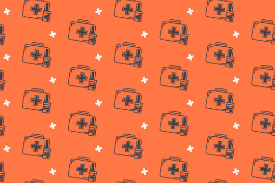 First aid kit with crossed seamless pattern on orange background. Emergency first aid box vintage repeating pattern. Medical kit illustration retro repeat motif
