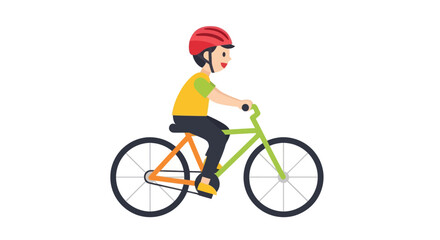 Fototapeta premium A boy rides a green bicycle down a city street quickly