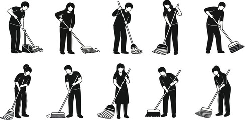 A group of people are cleaning with brooms and shovels in various poses. © Mewtwo