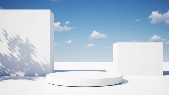Minimalist white circular podium platform positioned between two rectangular geometric blocks under a clear blue sky with scattered white clouds and soft leaf shadows on the left wall.