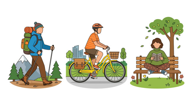 Outdoor recreational activities illustrating hiking cycling and serene park reading in a stylized
