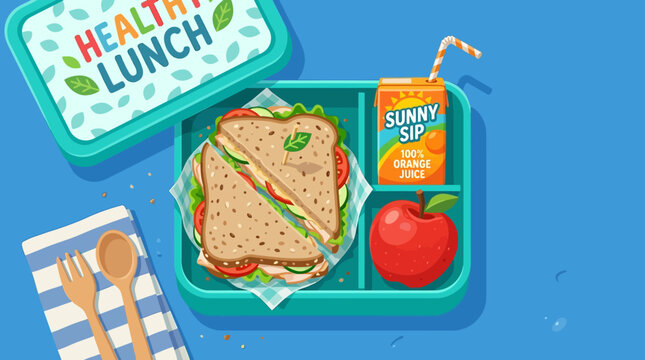 Nourishing school lunchbox with a delicious sandwich, fresh apple, and orange juice