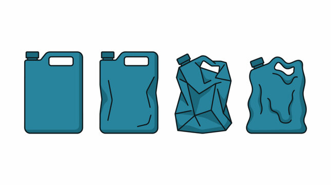 Progression of a crushed blue plastic jerrycan from pristine to distorted forms